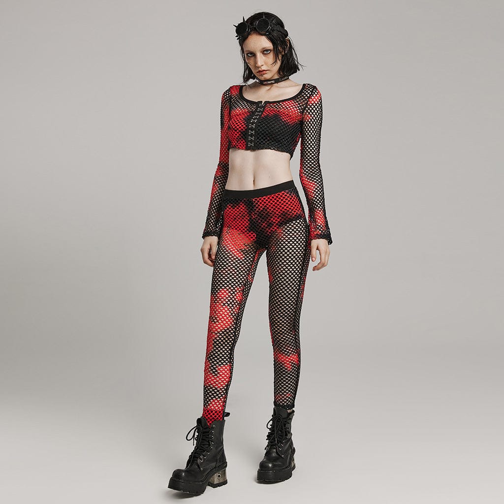 PUNK RAVE Women's Punk Mesh Tie-dyed Leggings Black-Red