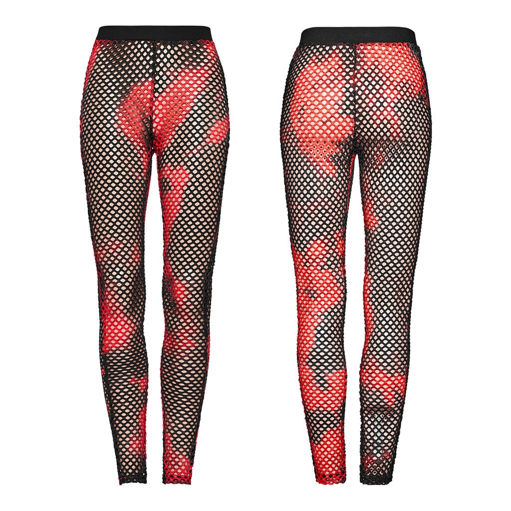 PUNK RAVE Women's Punk Mesh Tie-dyed Leggings Black-Red