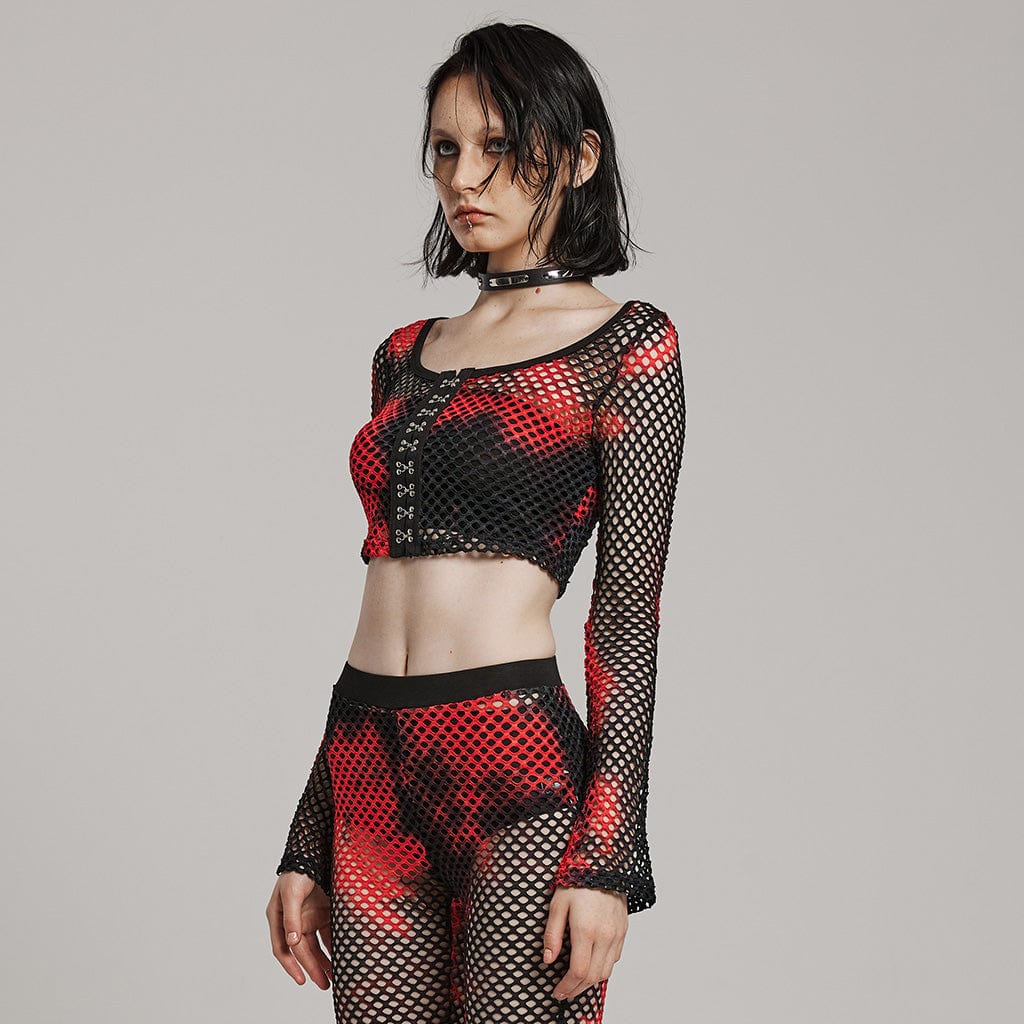 PUNK RAVE Women's Punk Mesh Tie-dyed Long Sleeved Crop Top Black-Red