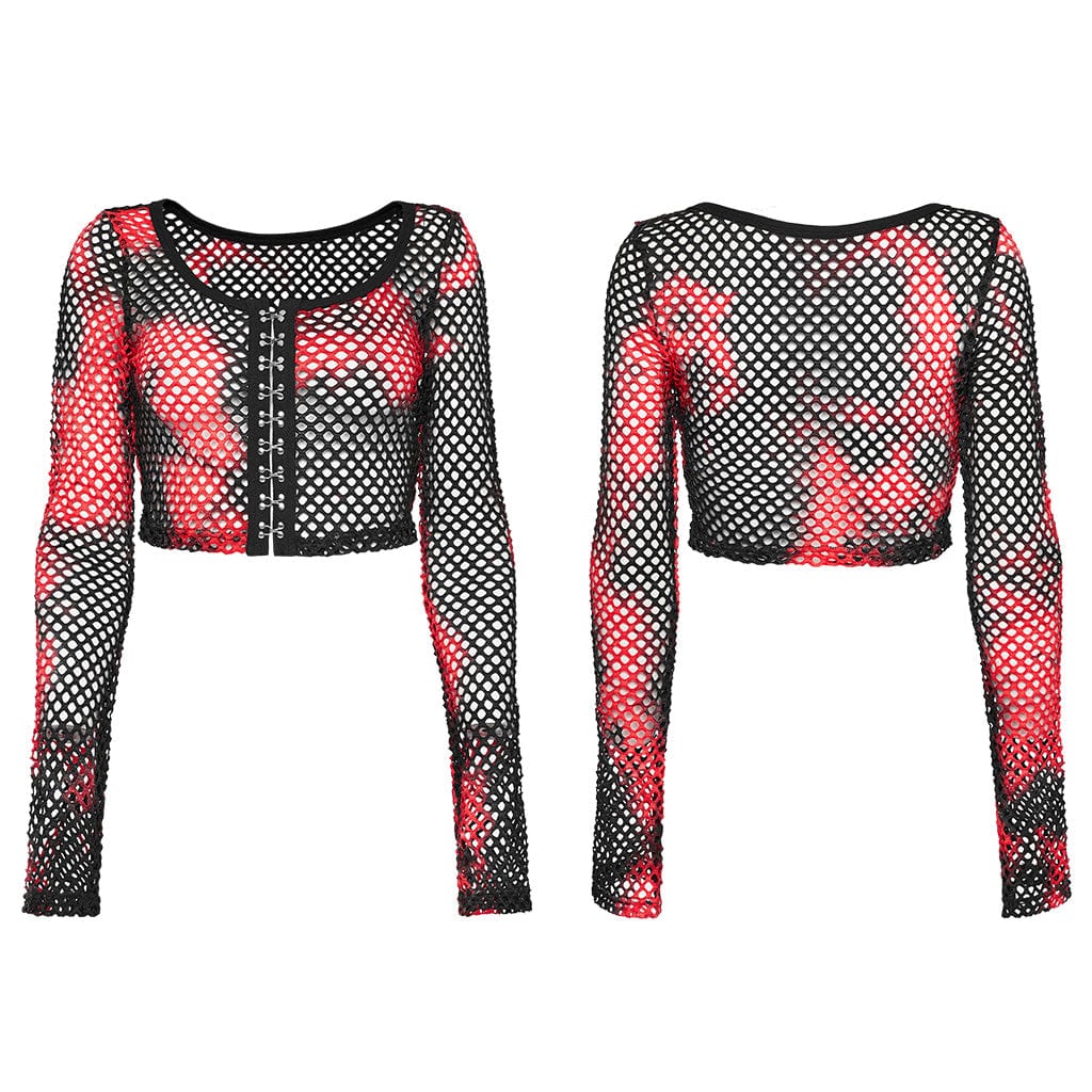 PUNK RAVE Women's Punk Mesh Tie-dyed Long Sleeved Crop Top Black-Red