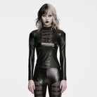 PUNK RAVE Women's Punk Mock Neck Mesh Splice Multi Buckle Strap Long Sleeve Top