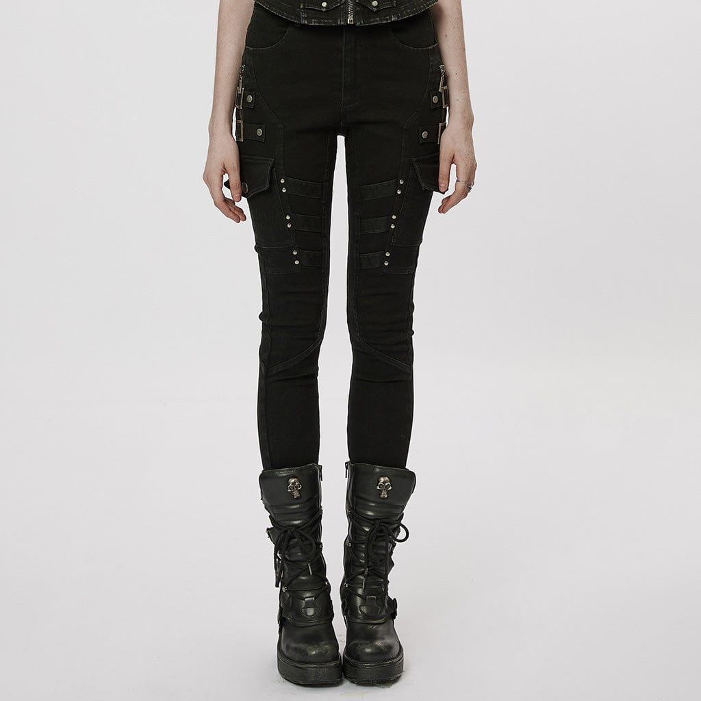 PUNK RAVE Women's Punk Multi-Pocket Buckle Jeans