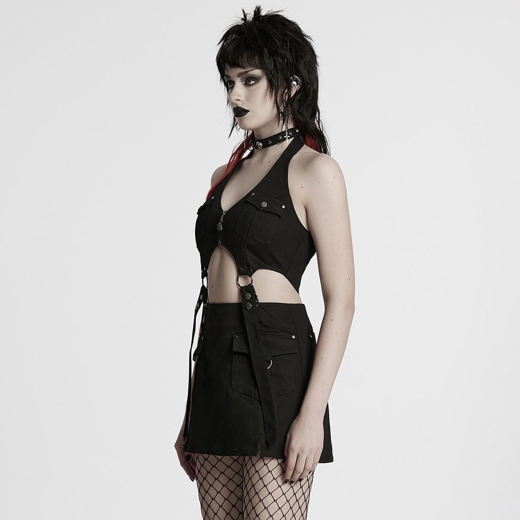PUNK RAVE Women's Punk Multi-pockets Halterneck Tank Top with Skirt