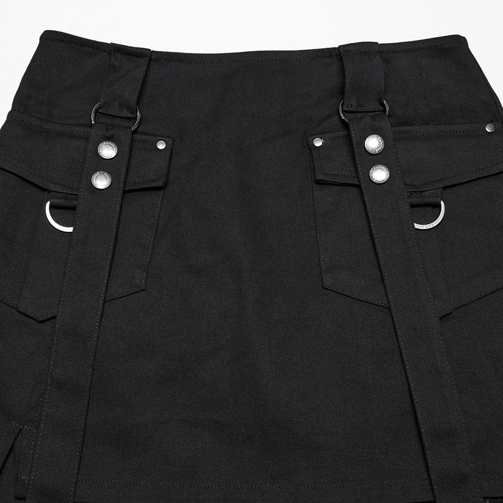 PUNK RAVE Women's Punk Multi-pockets Halterneck Tank Top with Skirt