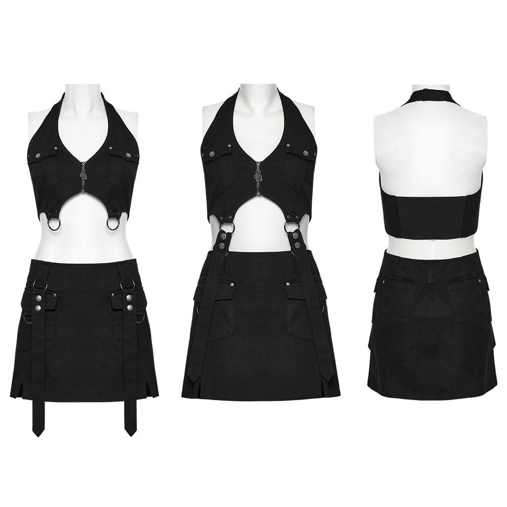 PUNK RAVE Women's Punk Multi-pockets Halterneck Tank Top with Skirt