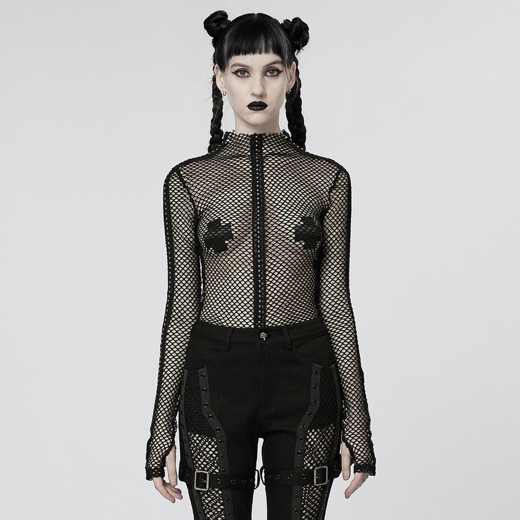 PUNK RAVE Women's Punk Nailed Sheer Mesh Top