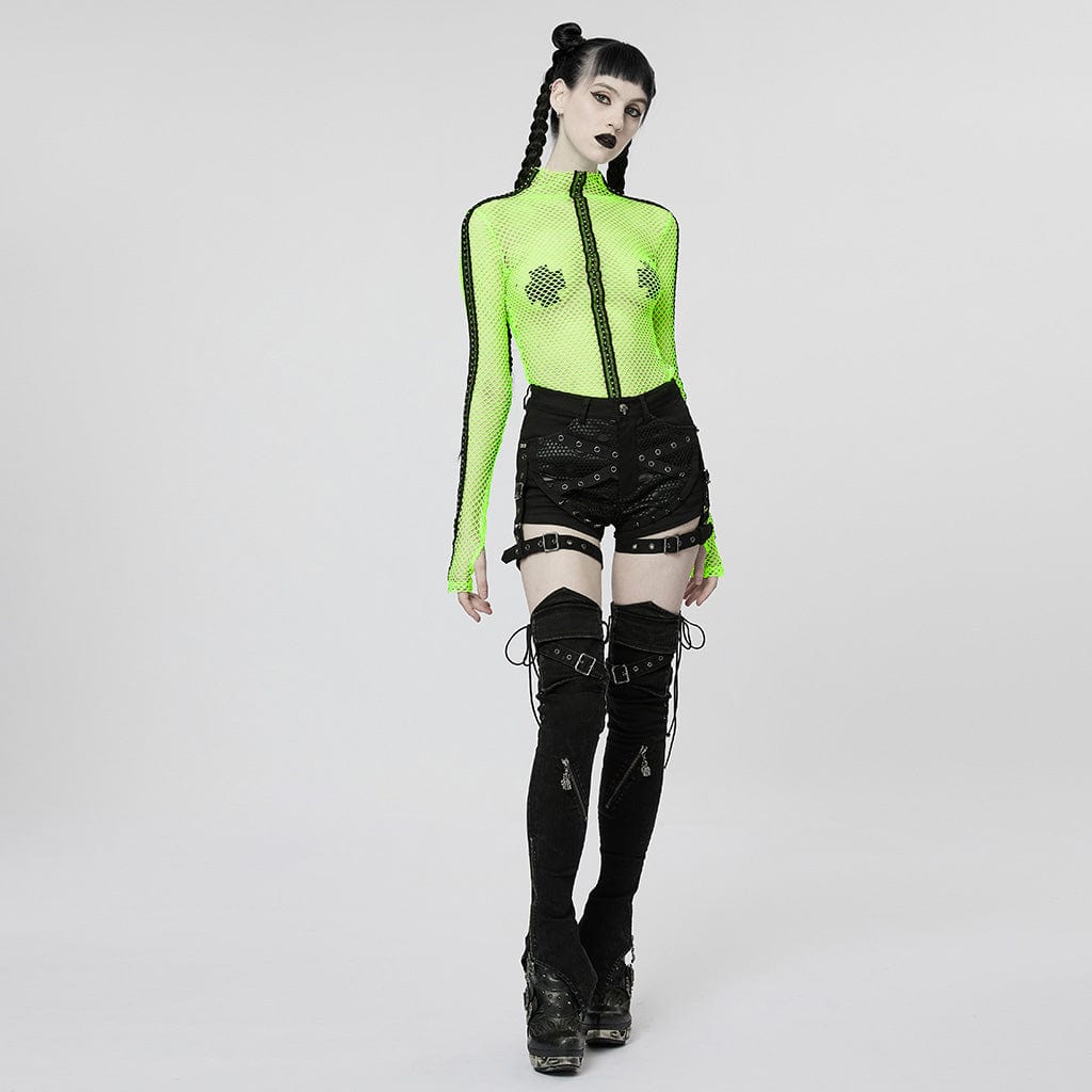 PUNK RAVE Women's Punk Nailed Sheer Mesh Top