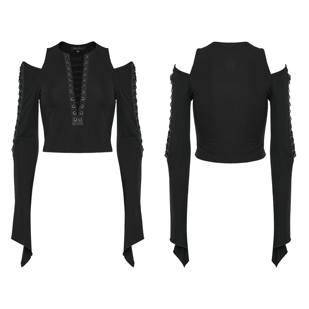 PUNK RAVE Women's Punk Off Shoulder Lace-up Crop Top