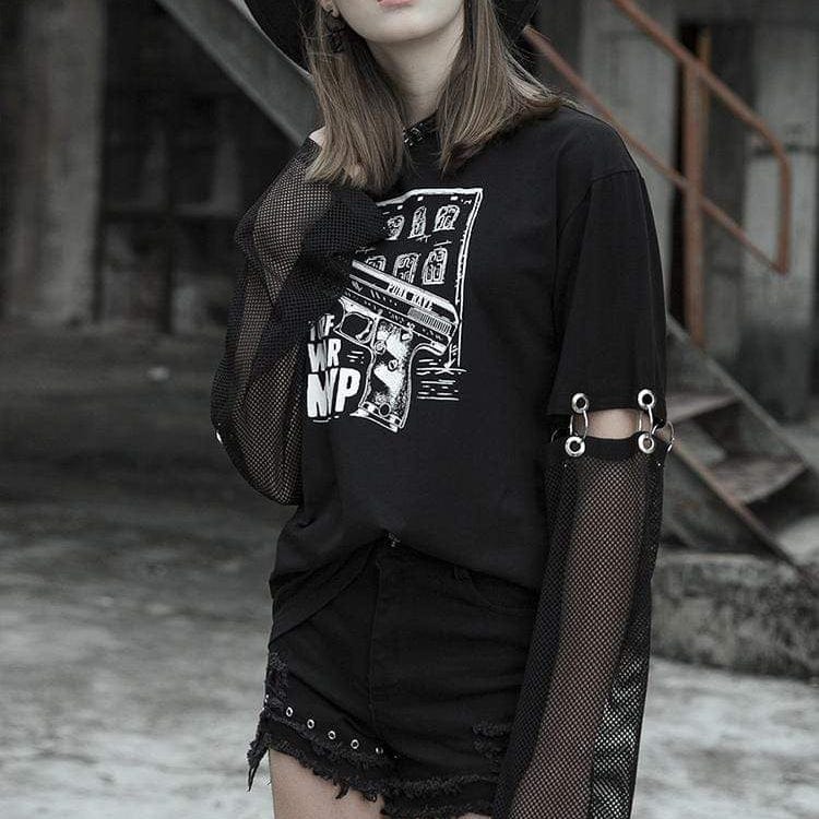 PUNK RAVE Women's Punk Printed Loose Black T-Shirt With Detachable Sleeves