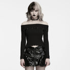 PUNK RAVE Women's Punk Raven Skull Embellished Off Shoulder Ribbed Sweater