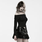 PUNK RAVE Women's Punk Raven Skull Embellished Off Shoulder Ribbed Sweater