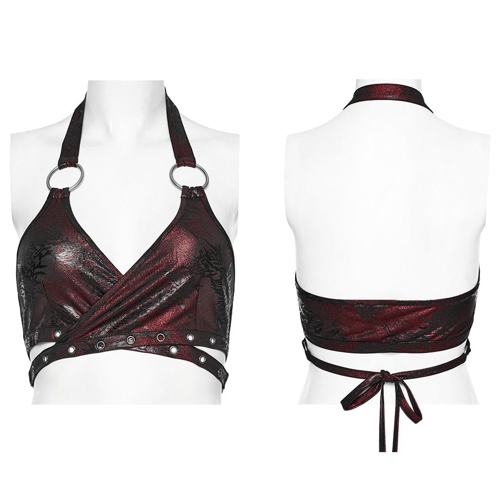 PUNK RAVE Women's Punk Ring Eyelet Halter Bustier Maroon