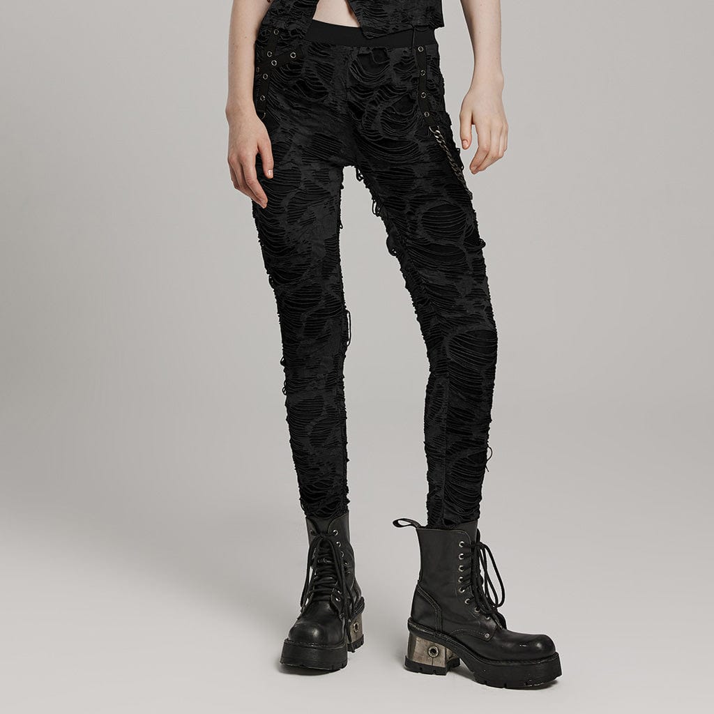 PUNK RAVE Women‘s Punk Ripped Eyelet Chain Leggings