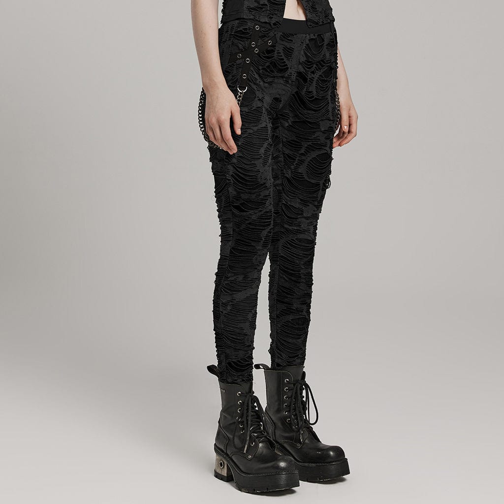 PUNK RAVE Women‘s Punk Ripped Eyelet Chain Leggings