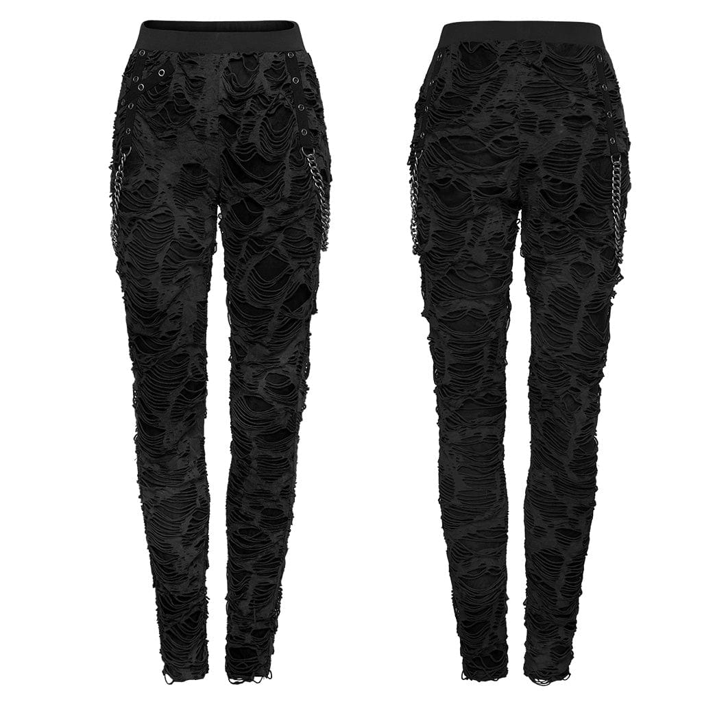 PUNK RAVE Women‘s Punk Ripped Eyelet Chain Leggings