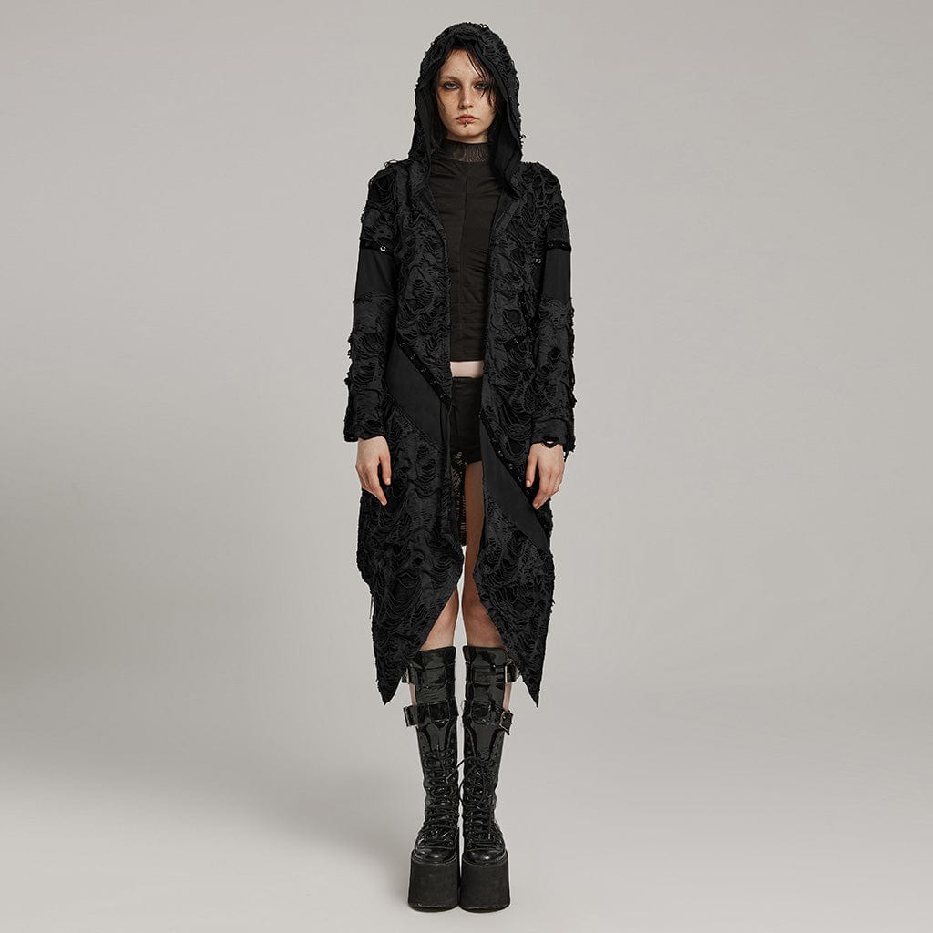 PUNK RAVE Women's Punk Ripped Eyelet Ruffled Coat with Hood Black