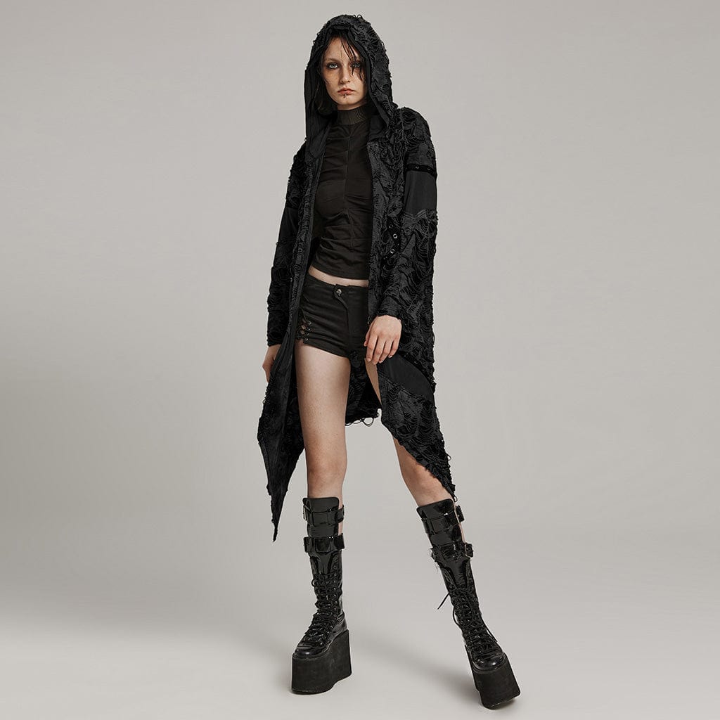 PUNK RAVE Women's Punk Ripped Eyelet Ruffled Coat with Hood Black