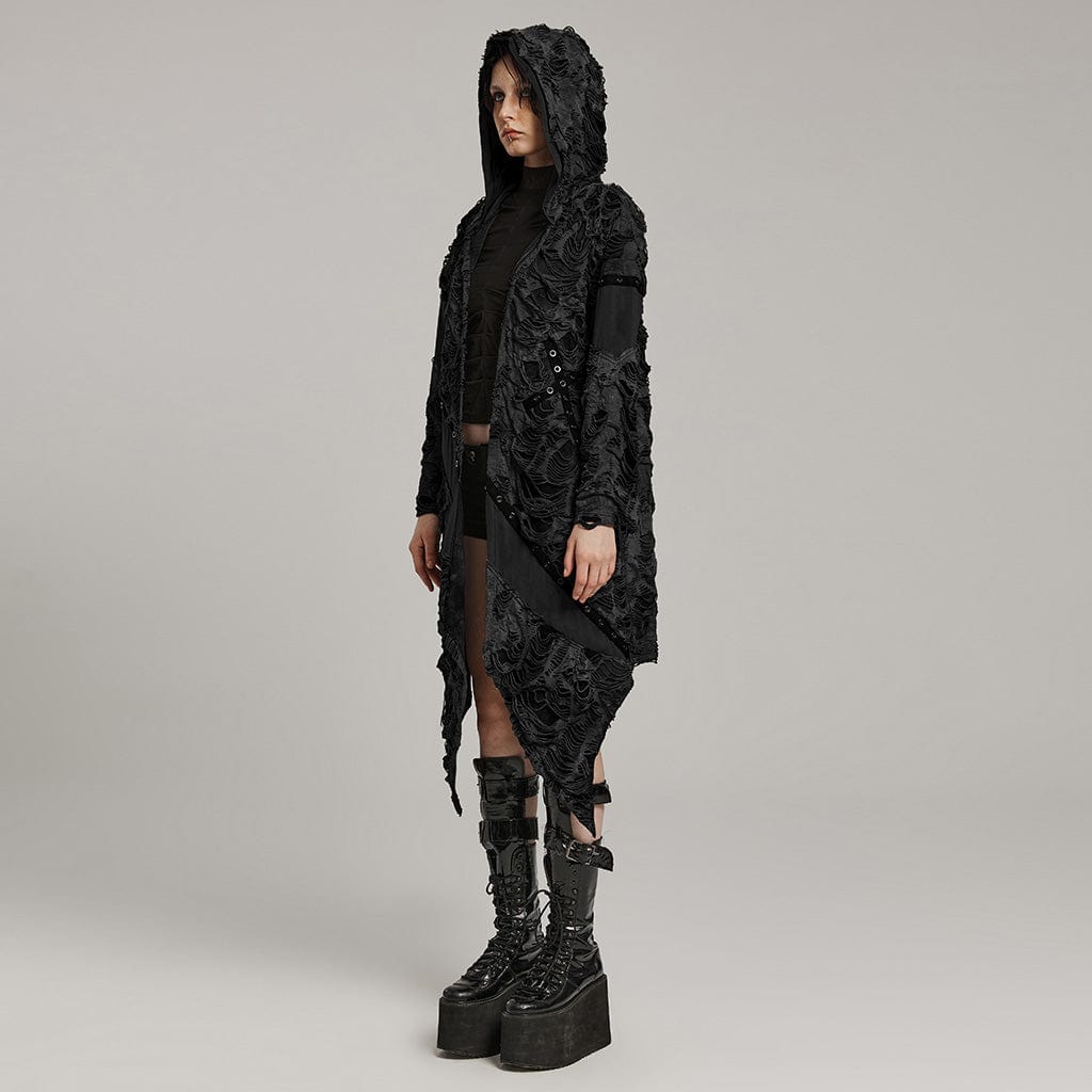 PUNK RAVE Women's Punk Ripped Eyelet Ruffled Coat with Hood Black