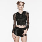 PUNK RAVE Women's Punk Ripped Faux Leather Splice Mesh Jacket with Hood