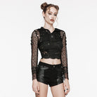 PUNK RAVE Women's Punk Ripped Faux Leather Splice Mesh Jacket with Hood