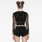 PUNK RAVE Women's Punk Ripped Faux Leather Splice Mesh Jacket with Hood