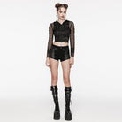 PUNK RAVE Women's Punk Ripped Faux Leather Splice Mesh Jacket with Hood