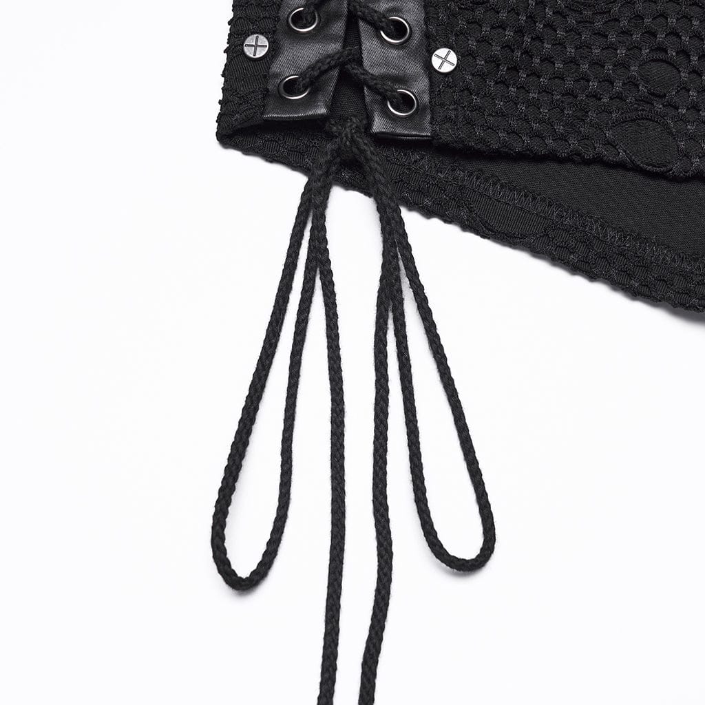 PUNK RAVE Women's Punk Ripped Mesh Lace-up Shorts