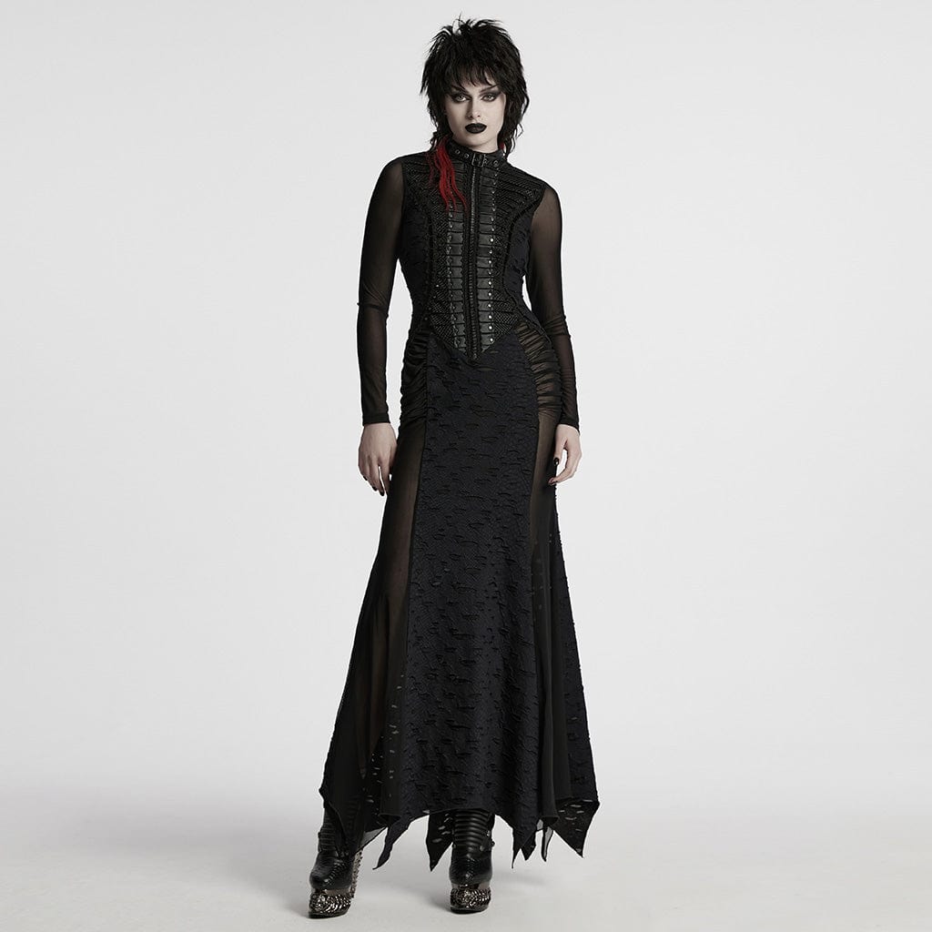 PUNK RAVE Women's Punk Ripped Mesh Splice Fishtailed Dress