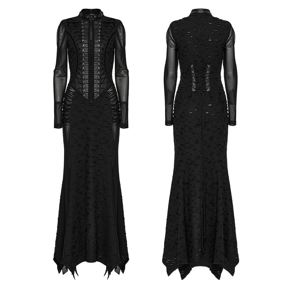 PUNK RAVE Women's Punk Ripped Mesh Splice Fishtailed Dress