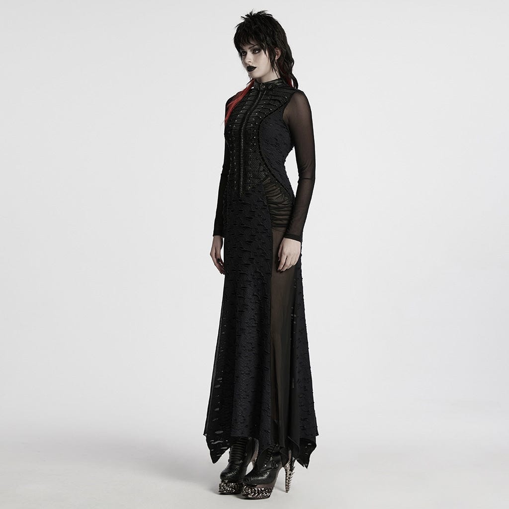 PUNK RAVE Women's Punk Ripped Mesh Splice Fishtailed Dress