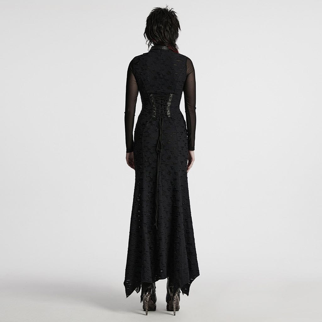 PUNK RAVE Women's Punk Ripped Mesh Splice Fishtailed Dress