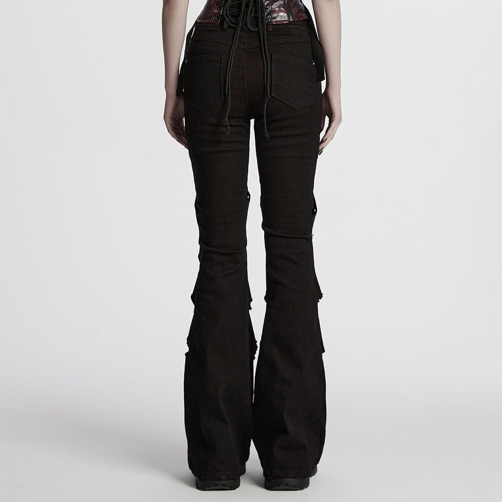 PUNK RAVE Women's Punk Ripped Mesh Splice Plaid Patch Flared Pants
