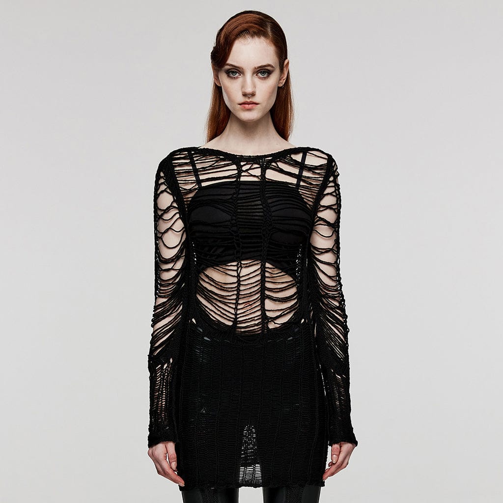 PUNK RAVE Women's Punk Ripped Sheer Knitted Long Sweater