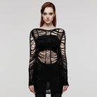 PUNK RAVE Women's Punk Ripped Sheer Knitted Long Sweater