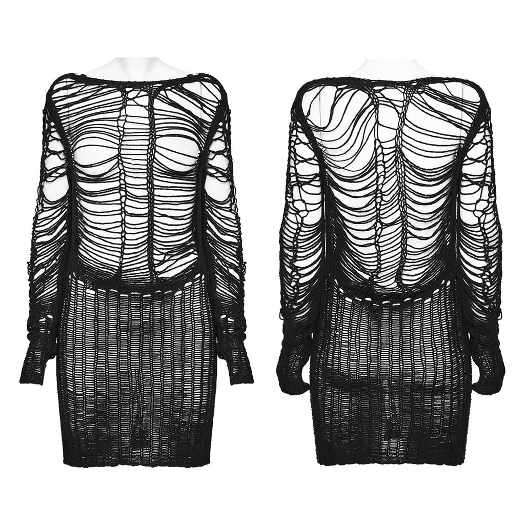 PUNK RAVE Women's Punk Ripped Sheer Knitted Long Sweater