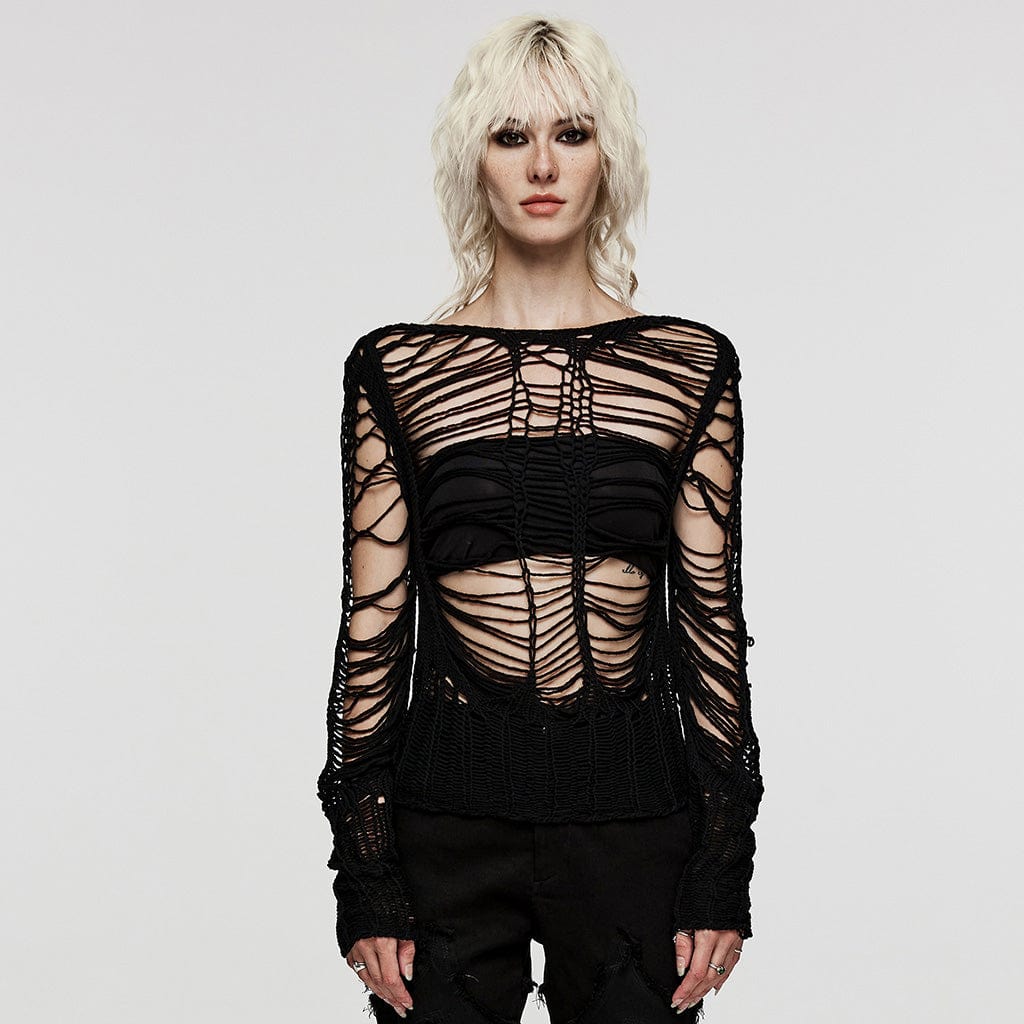 PUNK RAVE Women's Punk Ripped Sheer Knitted Sweater