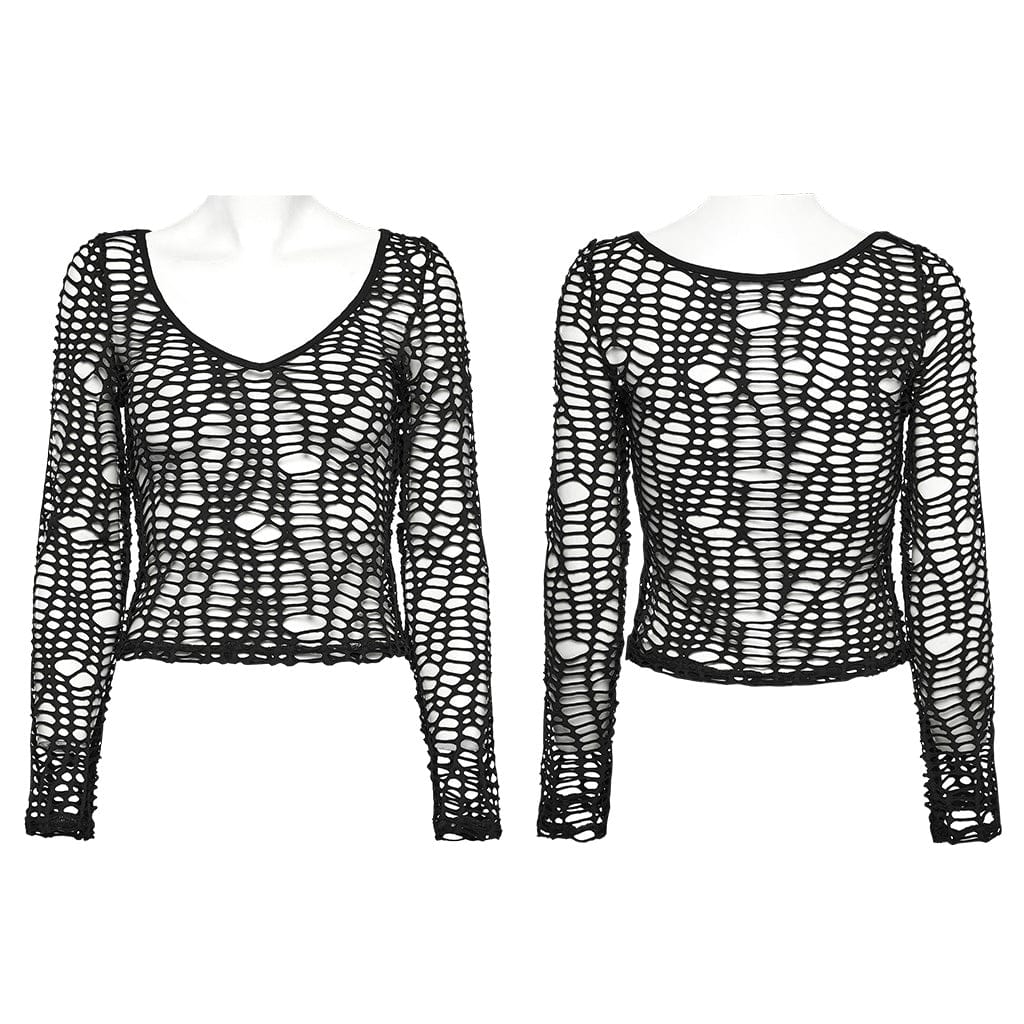 PUNK RAVE Women's Punk Ripped Sheer Mesh T-shirt