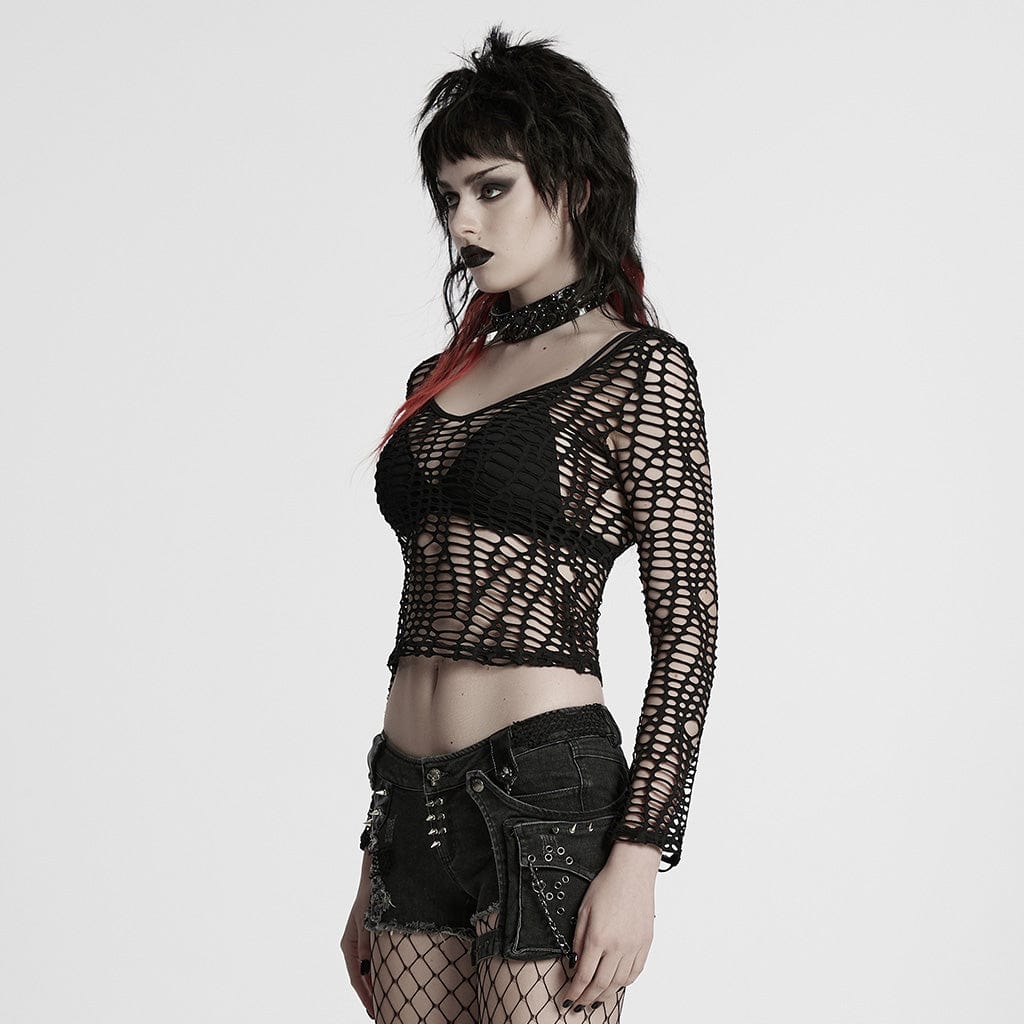 PUNK RAVE Women's Punk Ripped Sheer Mesh T-shirt