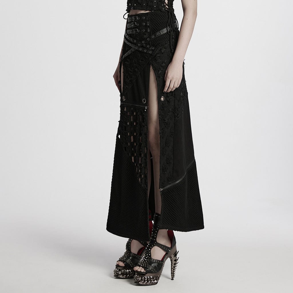 PUNK RAVE Women's Punk Ripped Side Slit Detachable Skirt
