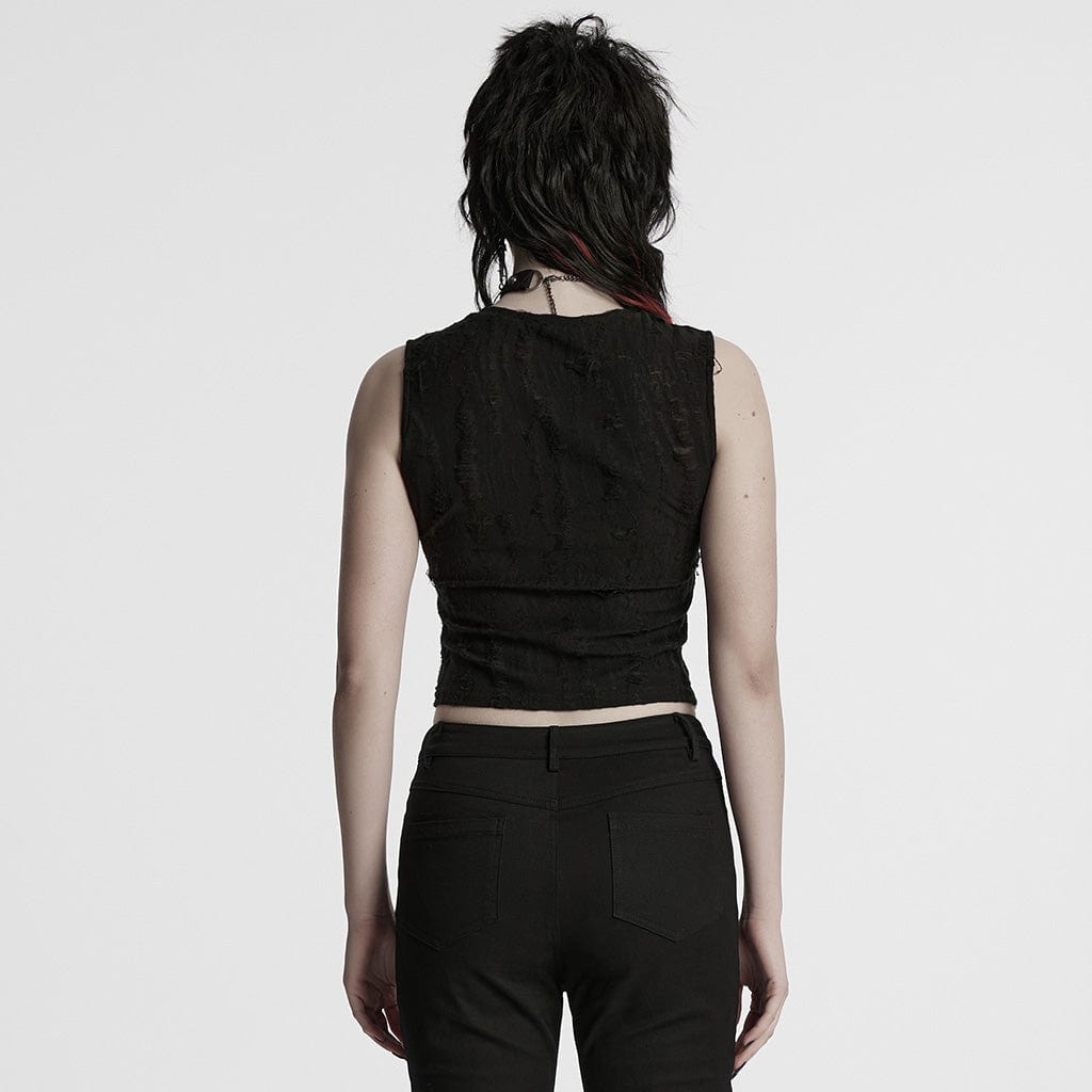 PUNK RAVE Women's Punk Ripped Strap Splice Tank Top