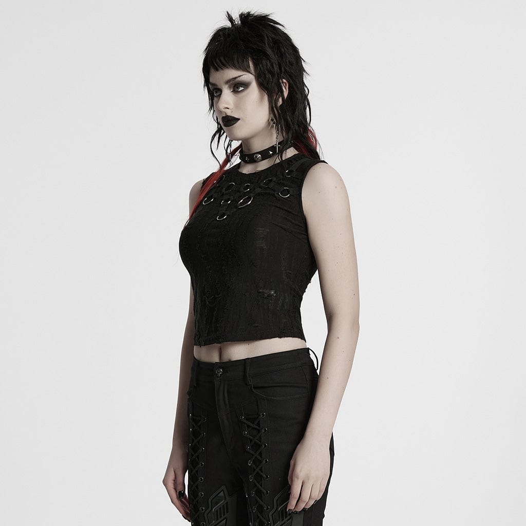 PUNK RAVE Women's Punk Ripped Strap Splice Tank Top
