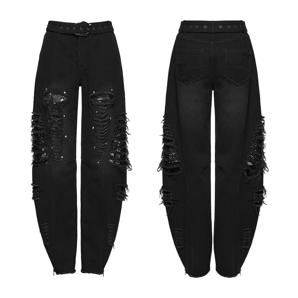 PUNK RAVE Women's Punk Ripped Unedged Decadent Denim Pants