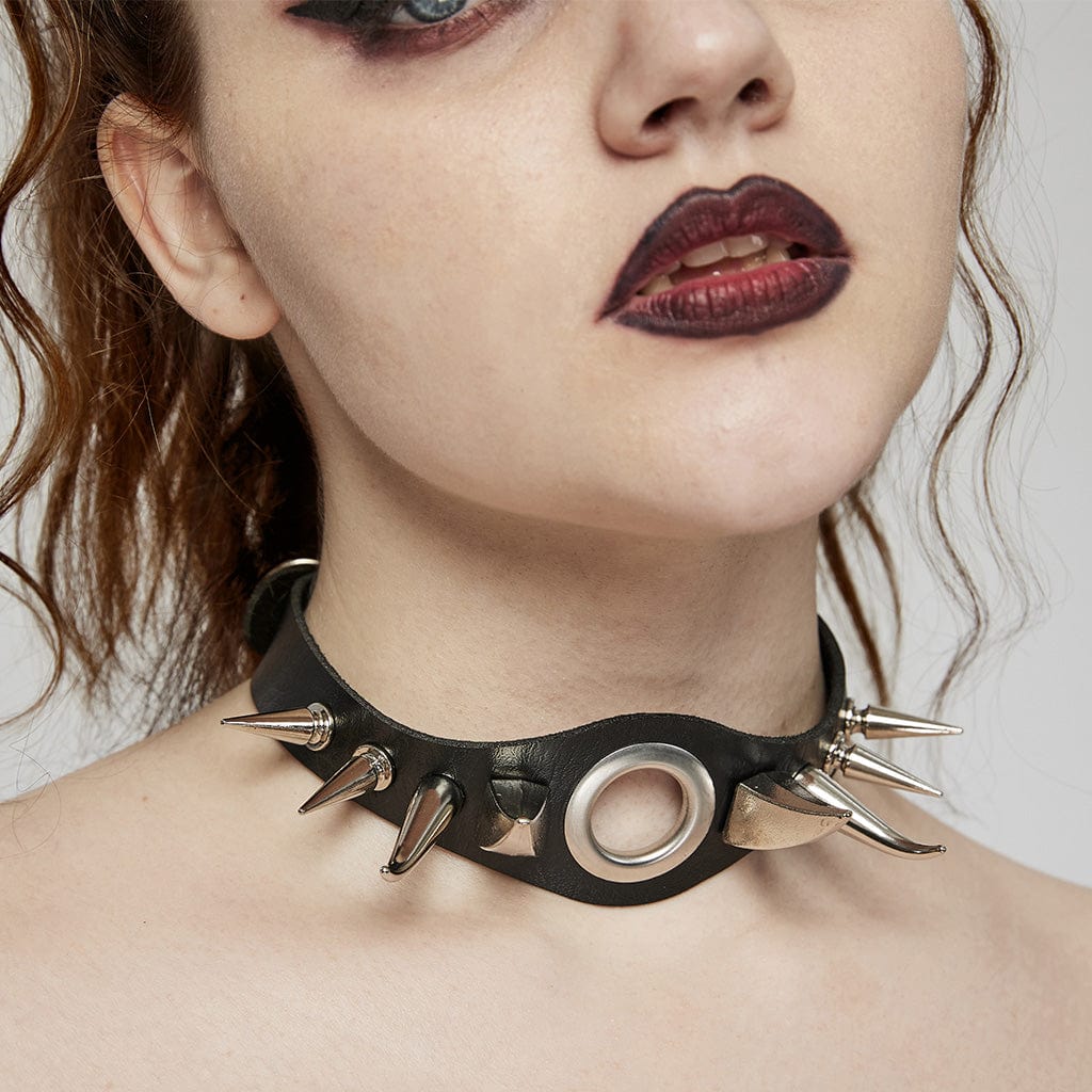 PUNK RAVE Women's Punk Rivets Faux Leather Choker