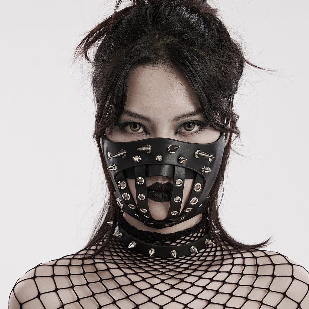 PUNK RAVE Women's Punk Rivets Nailed Stitch Faux Leather Mask