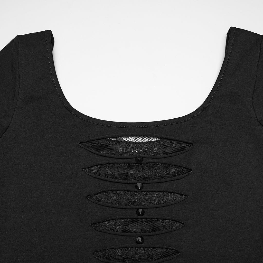 PUNK RAVE Women's Punk Rivets Sheer Short Sleeved Tee