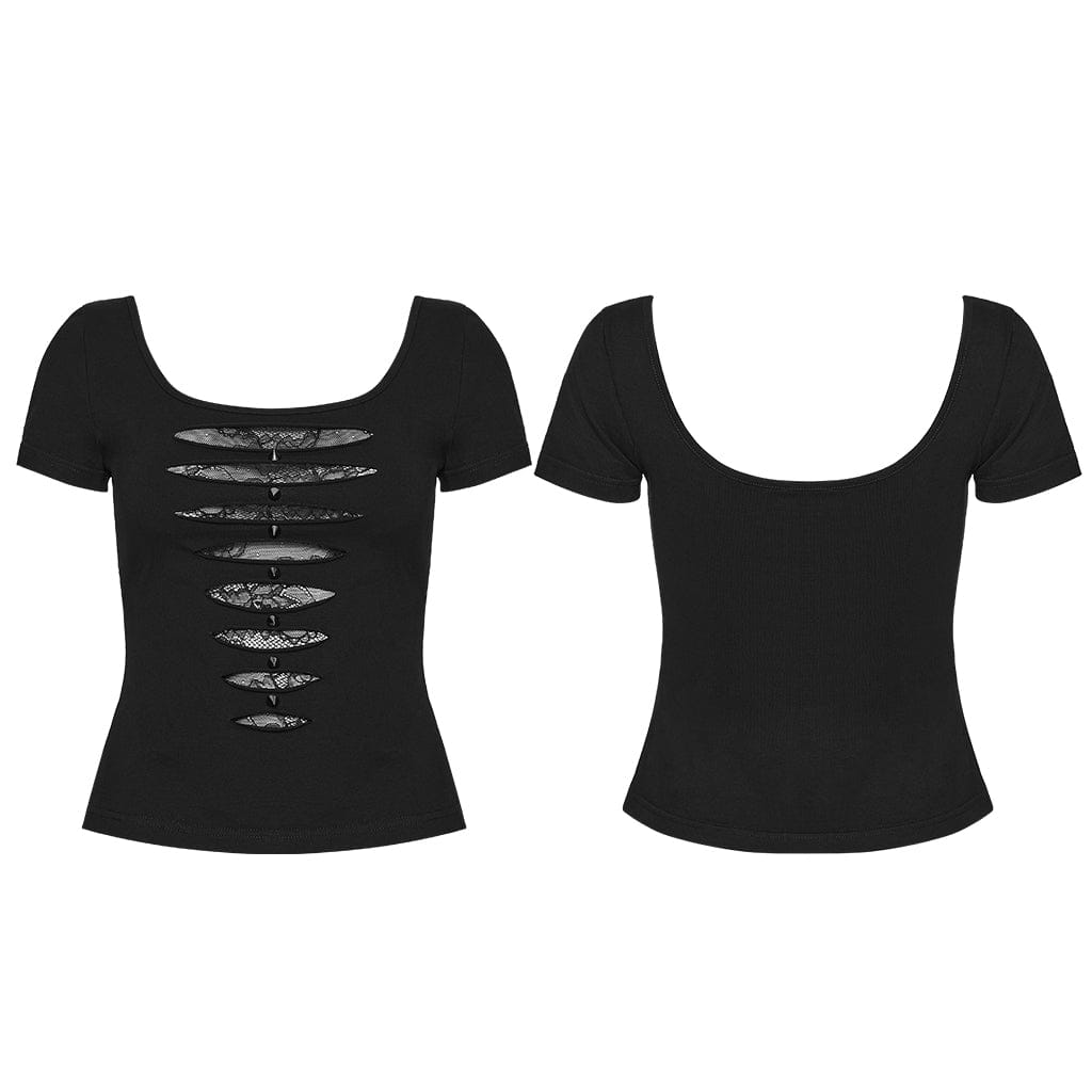 PUNK RAVE Women's Punk Rivets Sheer Short Sleeved Tee