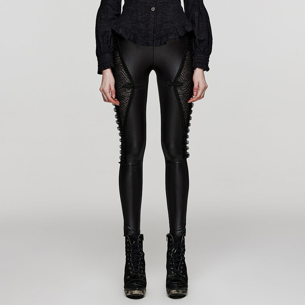 PUNK RAVE Women's Punk Ruffled Lace Splice Mesh Leggings