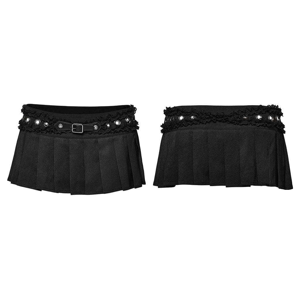 PUNK RAVE Women's Punk Ruffled Lace Splice Pleated Skirt