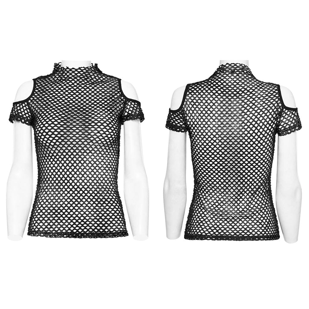 PUNK RAVE Women's Punk Sheer Cutout Mesh Top Black