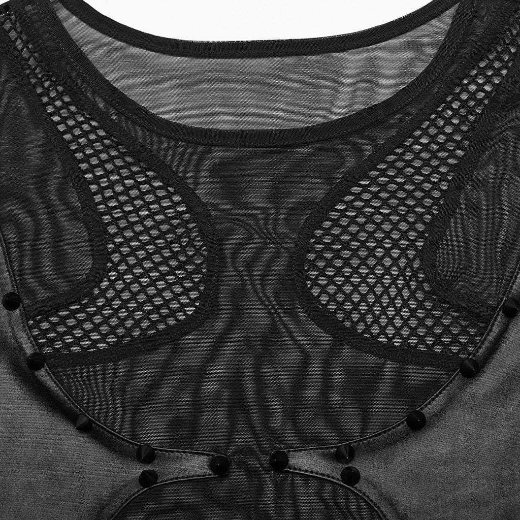 PUNK RAVE Women's Punk Sheer Stud Mesh Bodysuit